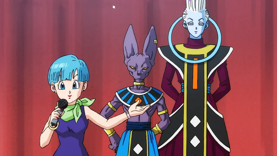 Bulma présente Beerus et Whis pendant son anniversaire, à 05:00