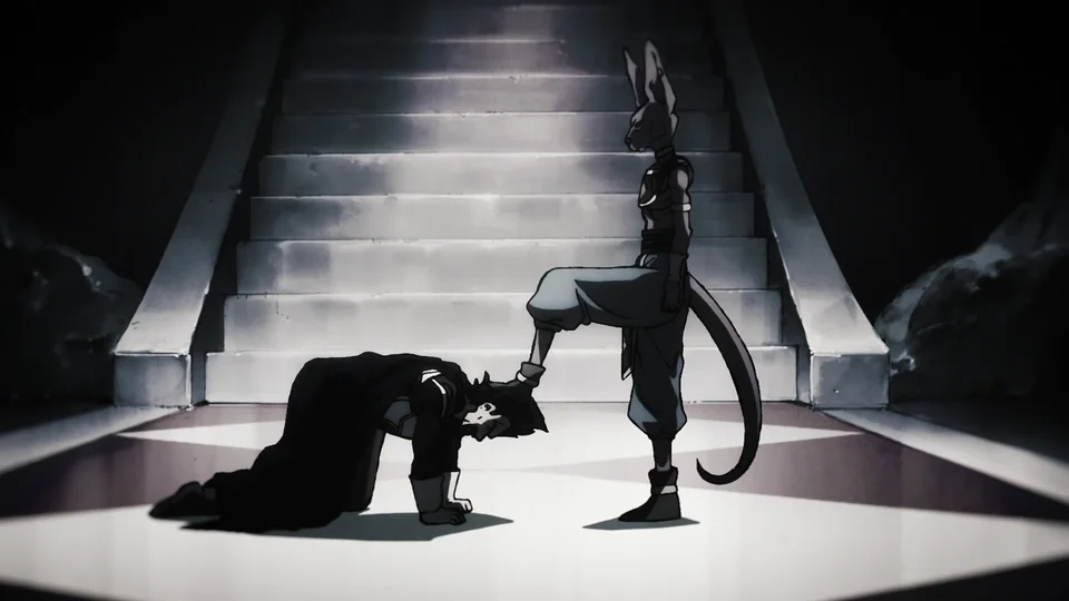 Beerus domine le roi Vegeta dans le souvenir du prince, à 03:18